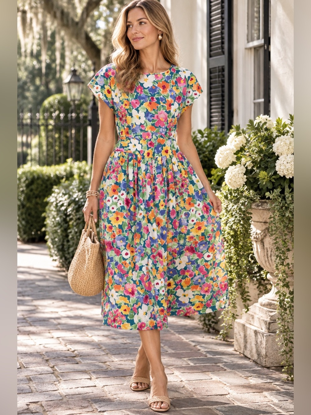 Vintage 80s Jessica Howard Floral Midi Dress Cottagecore Fit Flare Sz 12